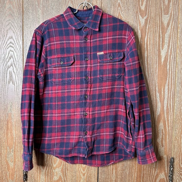 Orvis Mens Flannel Shirt Red Navy Plaid Long Sleeve Button Up Casual - Picture 1 of 7